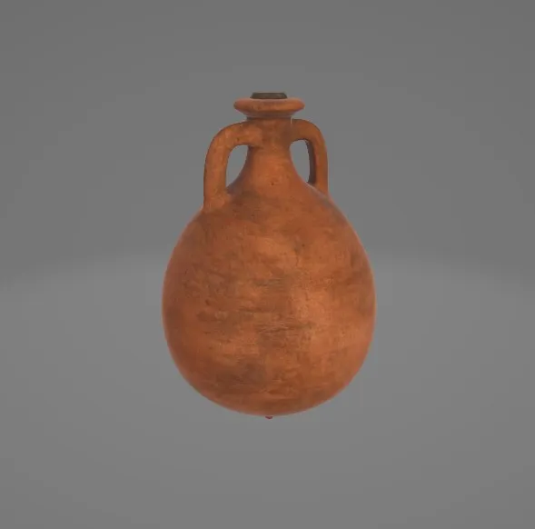 Ánfora romana de aceite digitalizada en 3D sobre fondo gris
