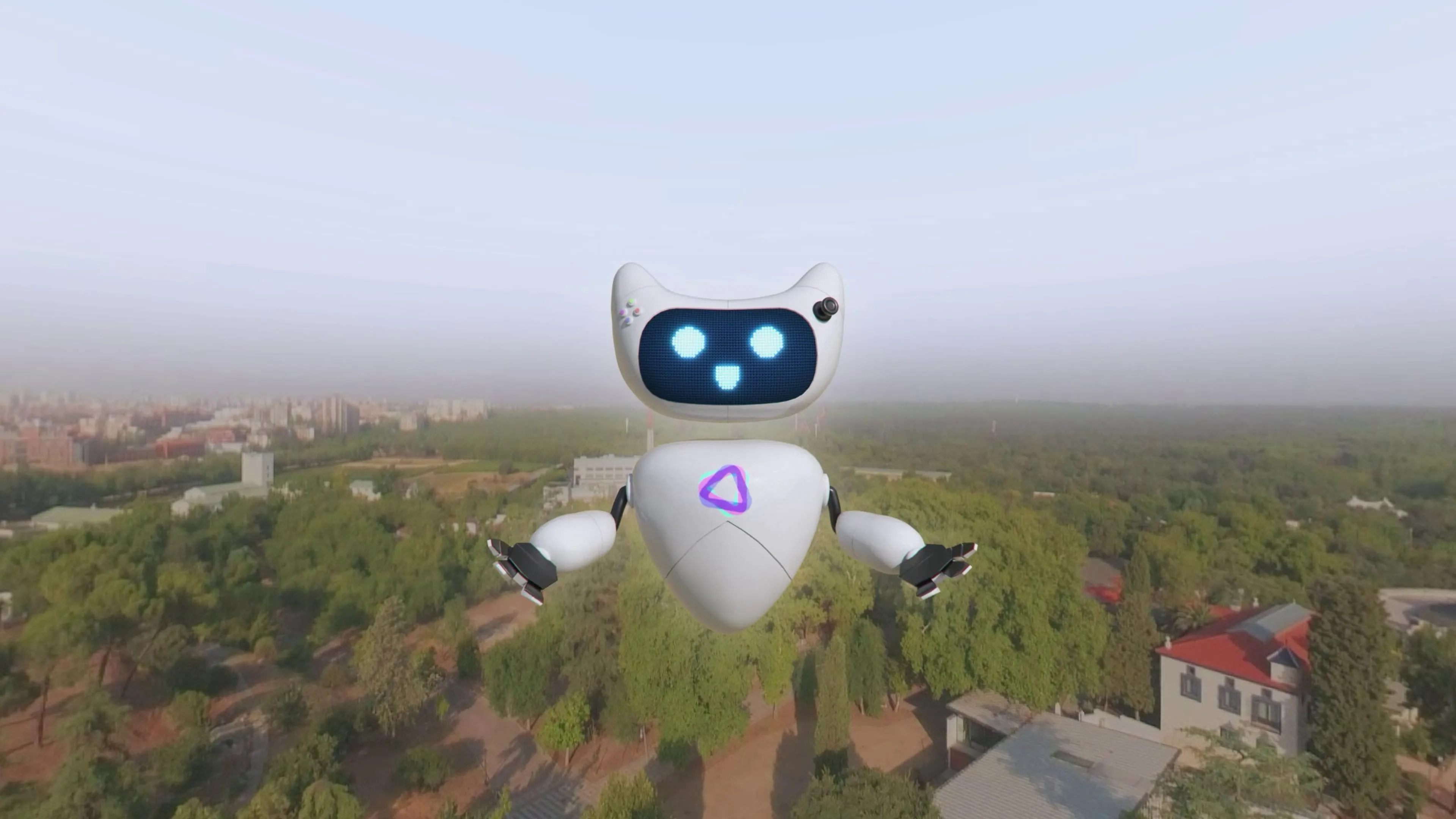 Gemelo digital del campus Madrid in Game visto desde el aire, con la mascota del centro flotando sobre los edificios