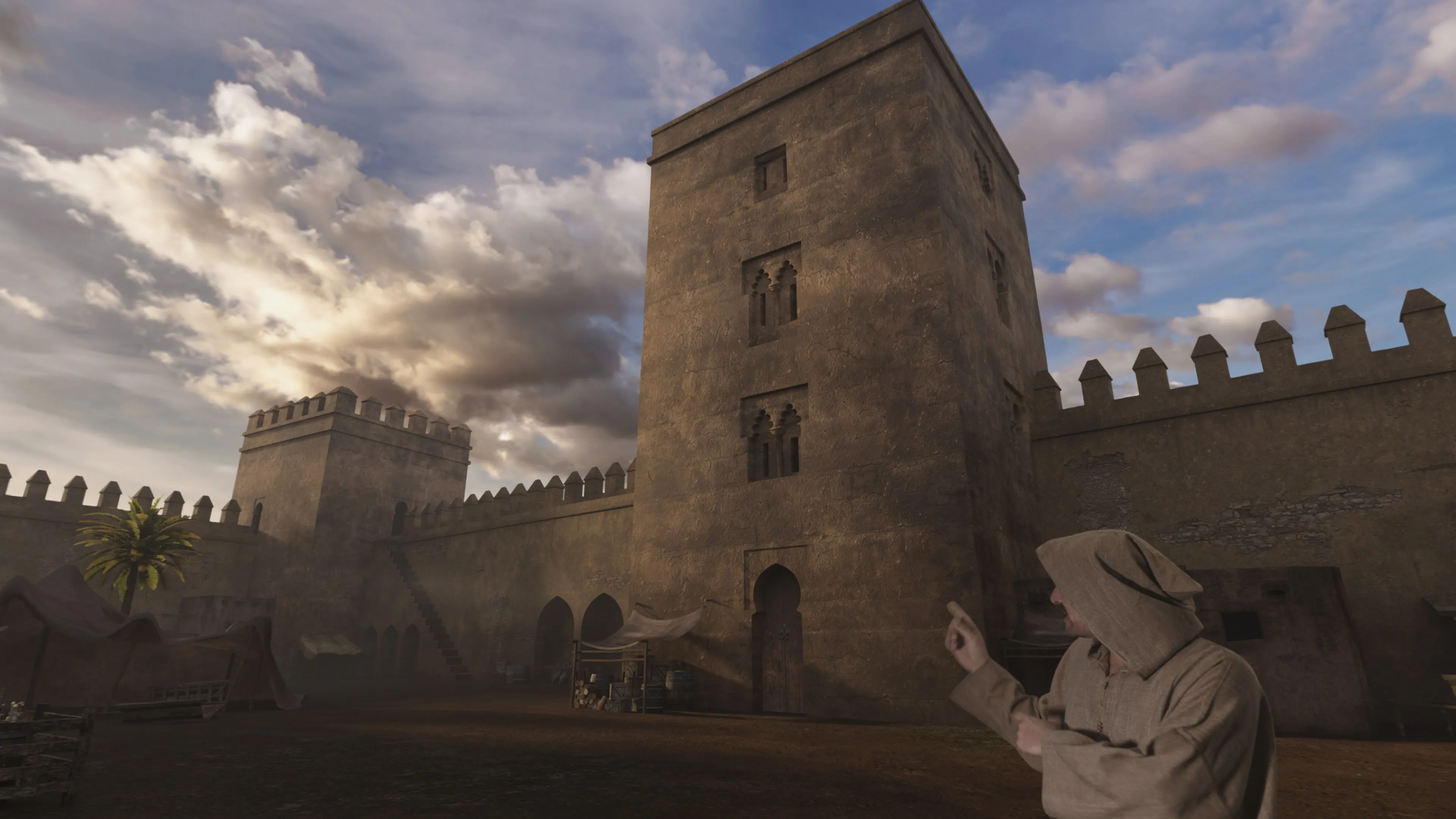 Castillo de Guillena recreado en 3D con un personaje encapuchado que señala la torre
