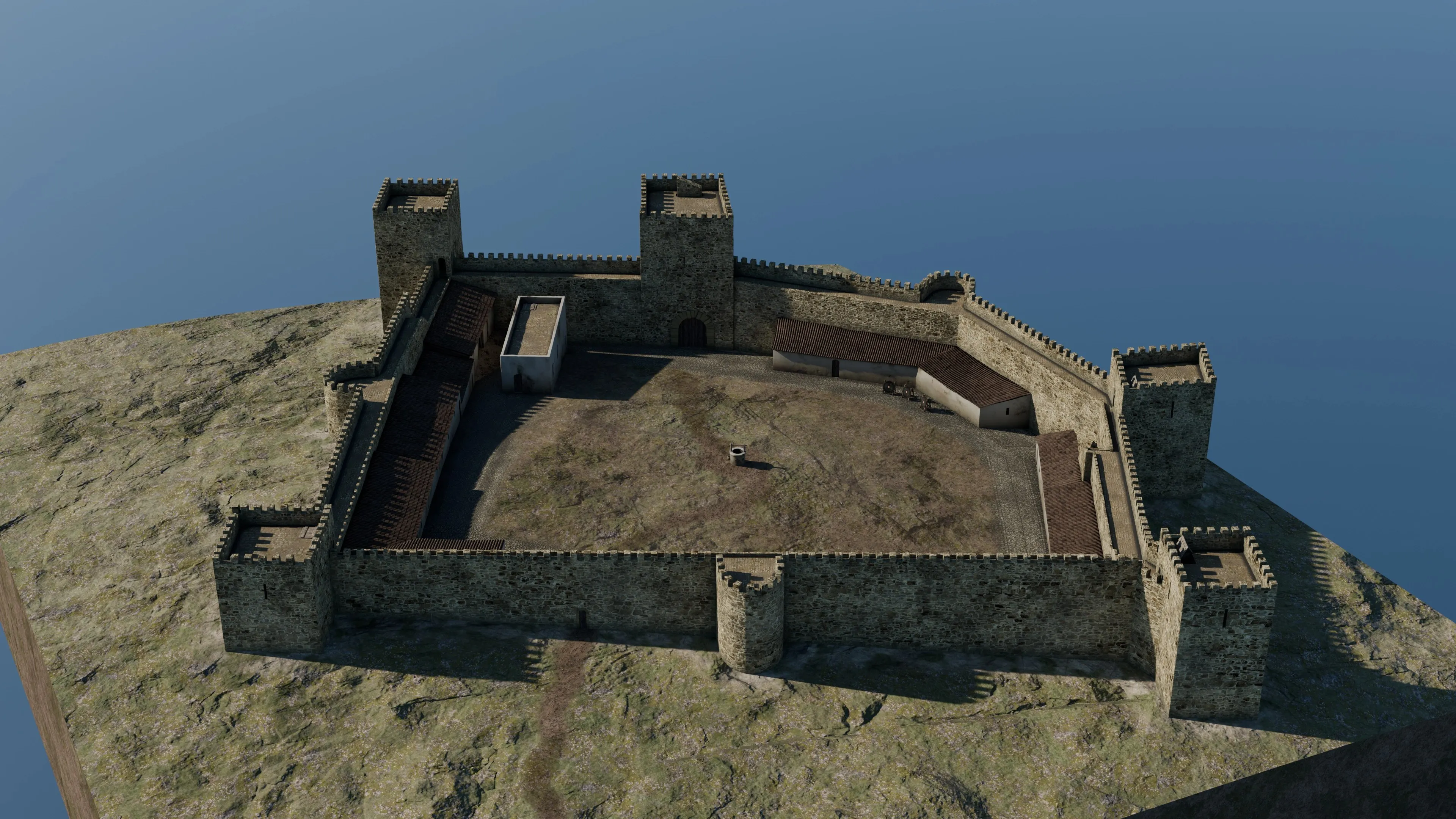 Castillo de Alcalá de Guadaíra recreado en 3D sobre el cerro, vista aérea