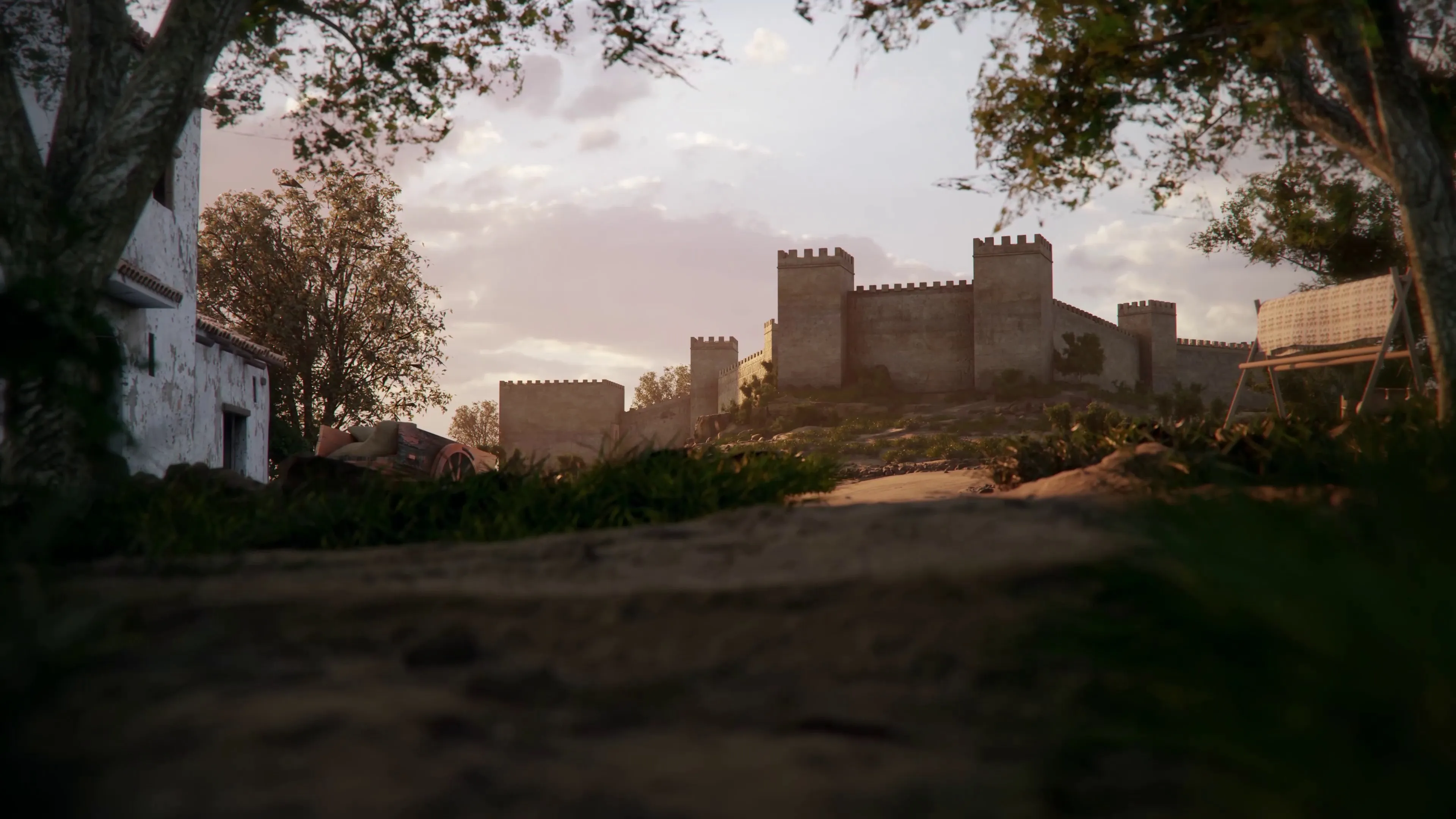 Murallas de Aznalcázar al atardecer con casas encaladas a la izquierda, recreación 3D