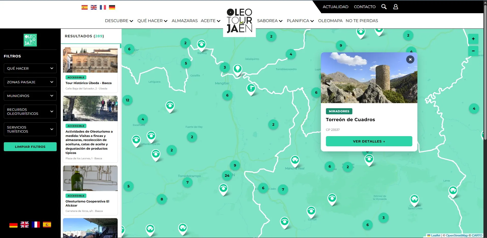 Captura del Oleomapa de Oleotour Jaén con los recursos marcados sobre el mapa de la provincia