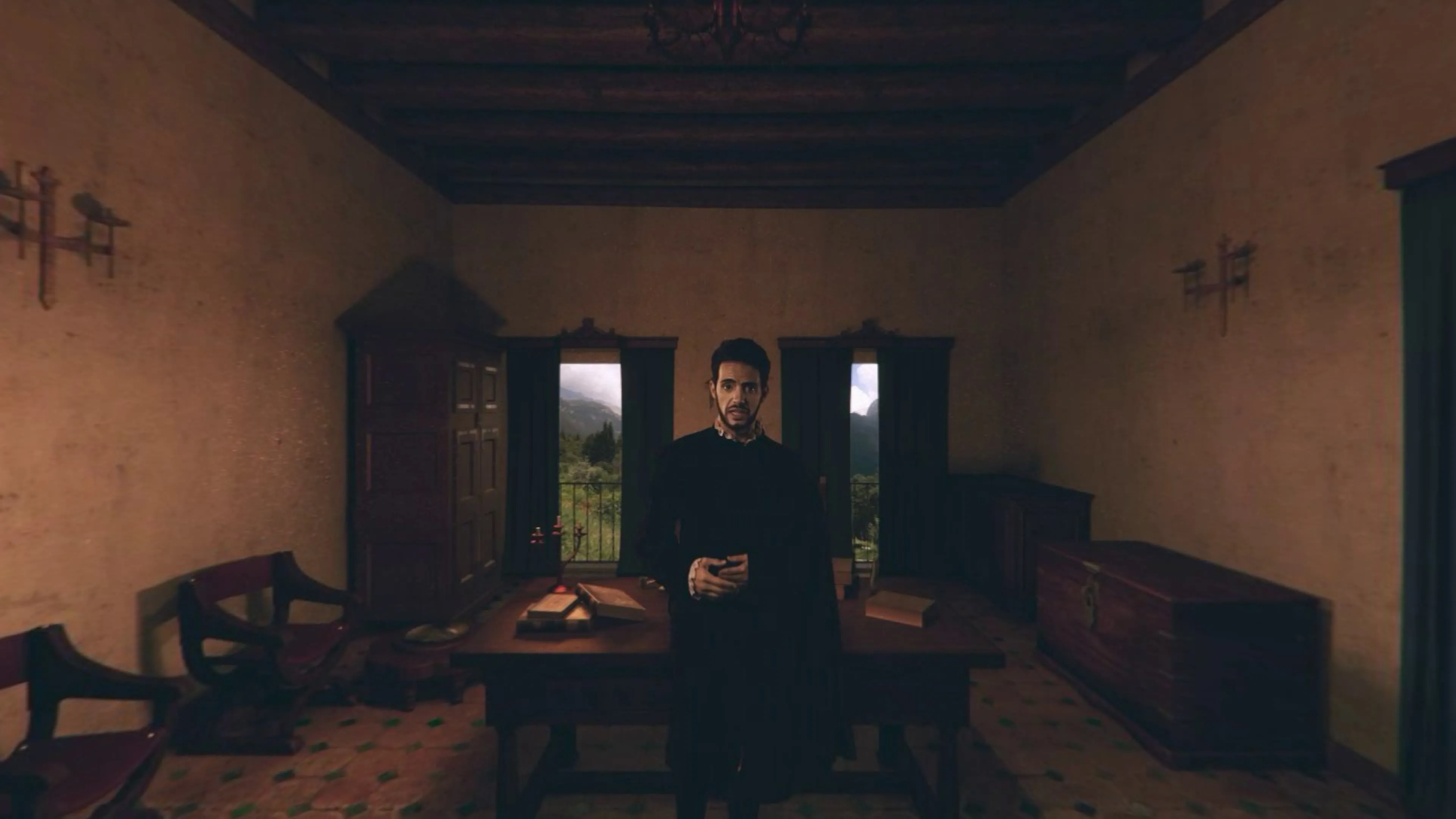 Sala de la Casa de Cervantes recreada en 3D con un personaje, escena 360° en plano